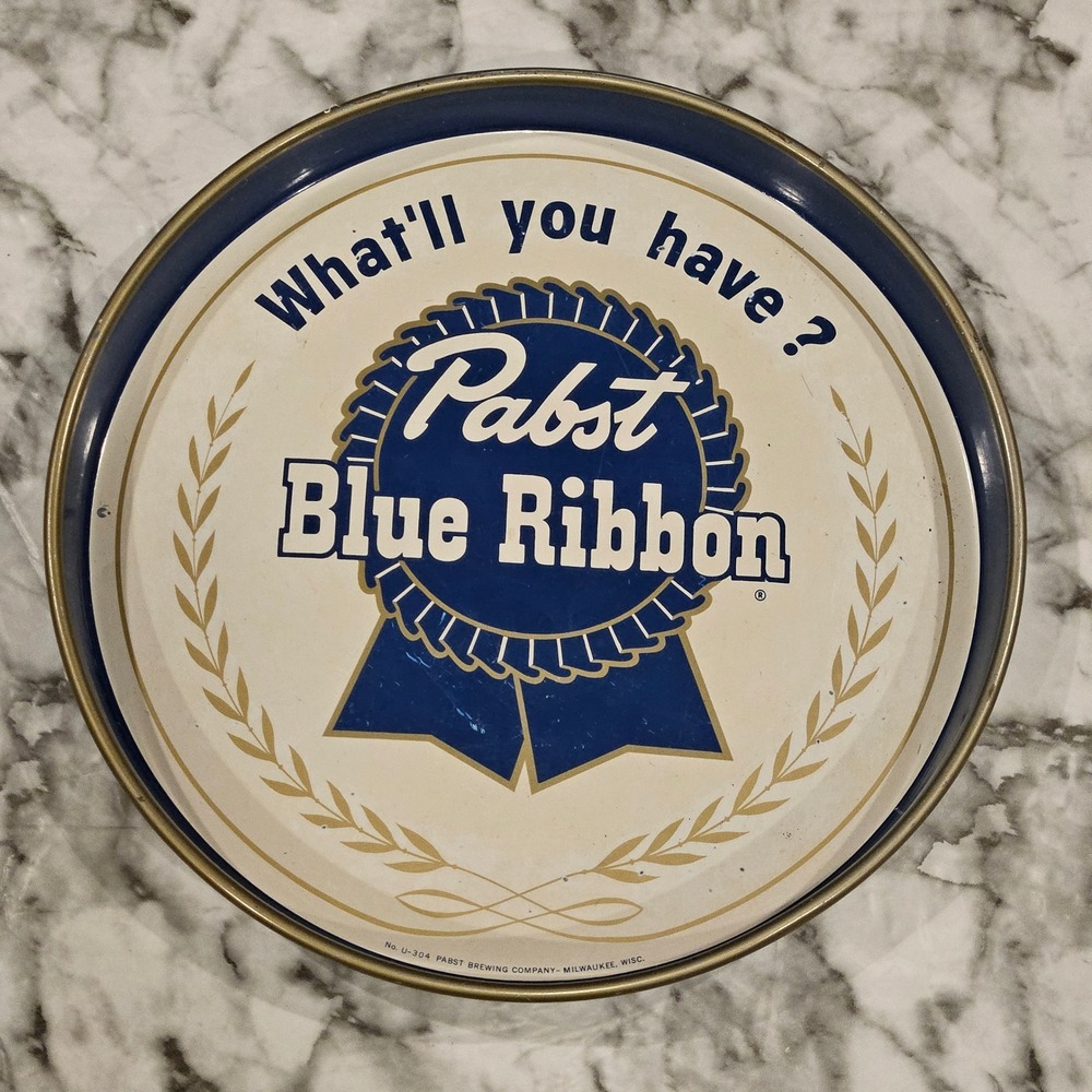 Vintage Pabst Blue Ribbon Beer‎ Serving Tray Metal Round Collectible Pub Decor